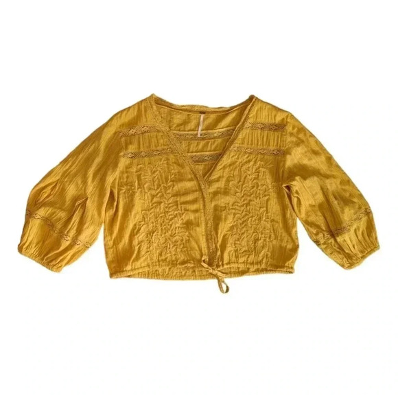 Free People Golden Mustard Yellow Follow Your Heart Crop Top Embroidered Medium - Picture 1 of 5
